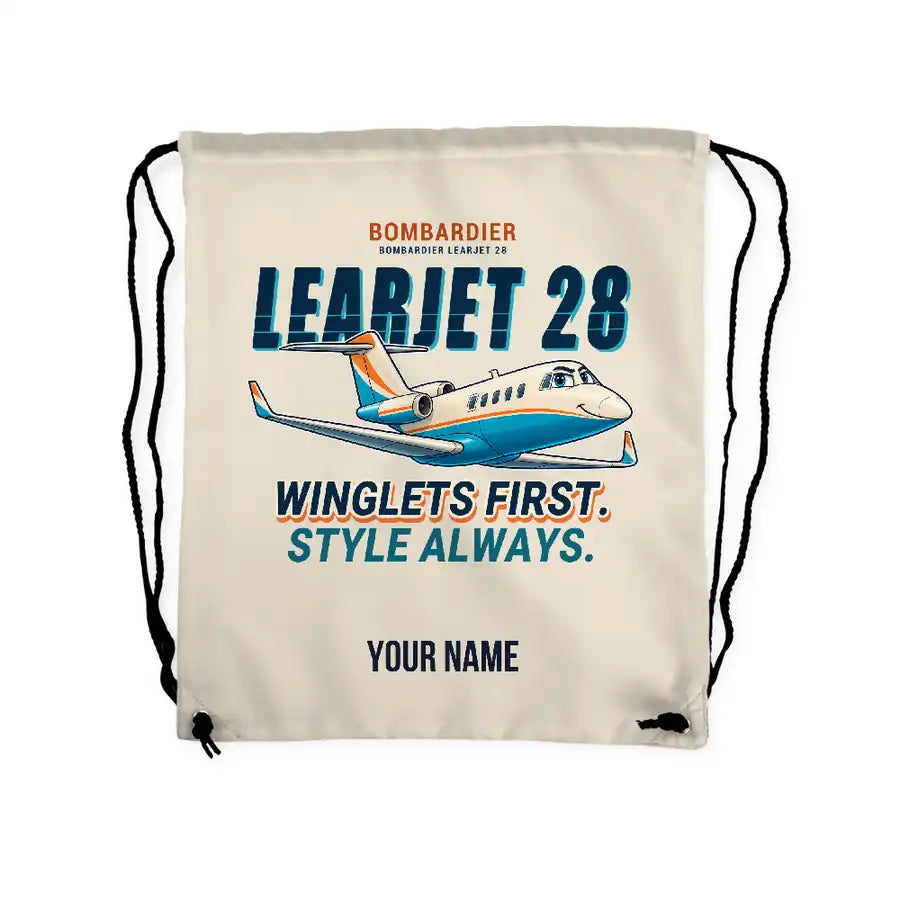 Bombardier Learjet 28 - Drawstring Bag - Cartoon + Name - Beige