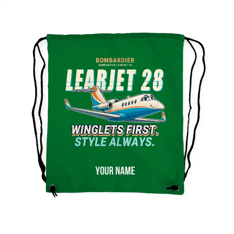 Bombardier Learjet 28 - Drawstring Bag - Cartoon + Name - Green
