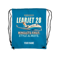 Thumbnail for Bombardier Learjet 28 - Drawstring Bag - Cartoon + Name - Light Blue