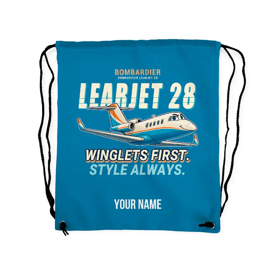 Bombardier Learjet 28 - Drawstring Bag - Cartoon + Name - Light Blue