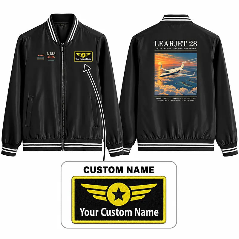 Bombardier Learjet 28 Stylish Jackets - Baseball Collar - Poster + Name - Black