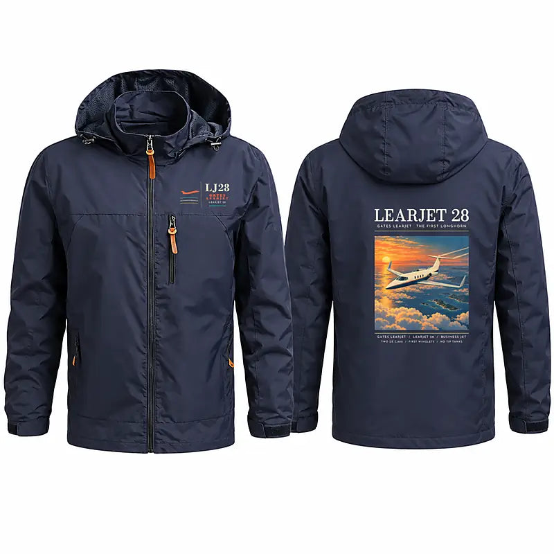 Bombardier Learjet 28 Stylish Jackets - Hooded Windbreaker - Poster - Navy Blue