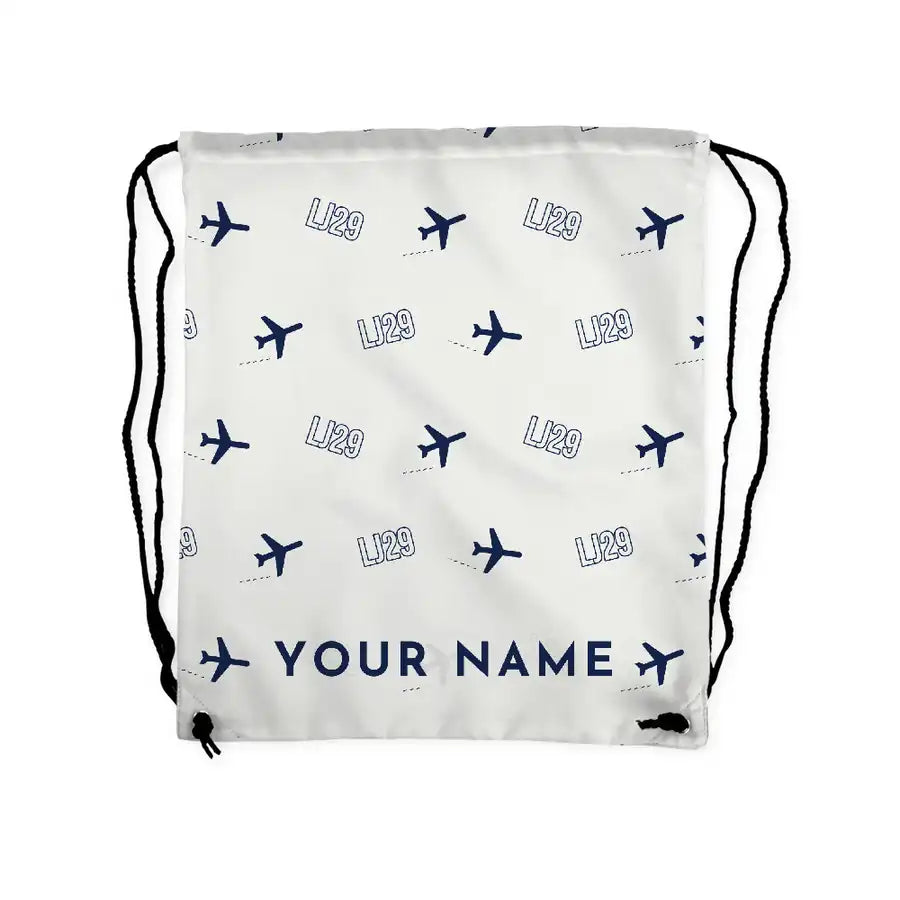 Bombardier Learjet 29 - Drawstring Bag - 3D Pattern + Name - White