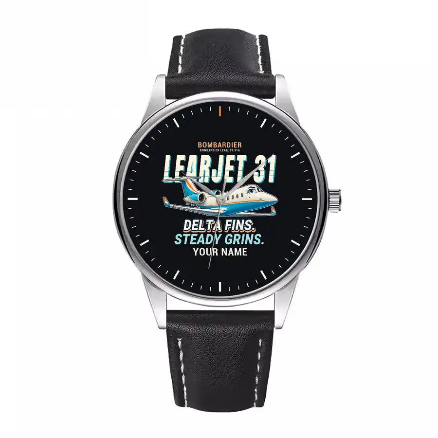 Bombardier Learjet 31A - Cartoon + Name - Leather Strap - Black Leather Strap