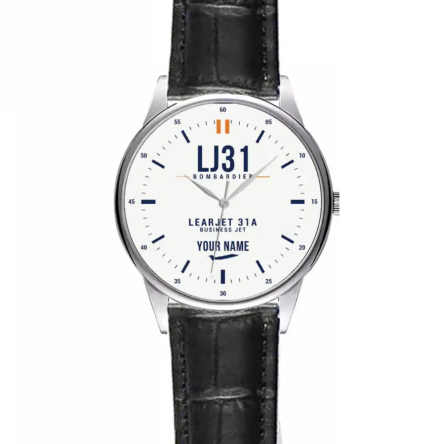 Bombardier Learjet 31A - Classic - White + Name - Leather Strap - Striped Black Leather Strap