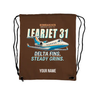 Thumbnail for Bombardier Learjet 31A - Drawstring Bag - Cartoon + Name - Brown
