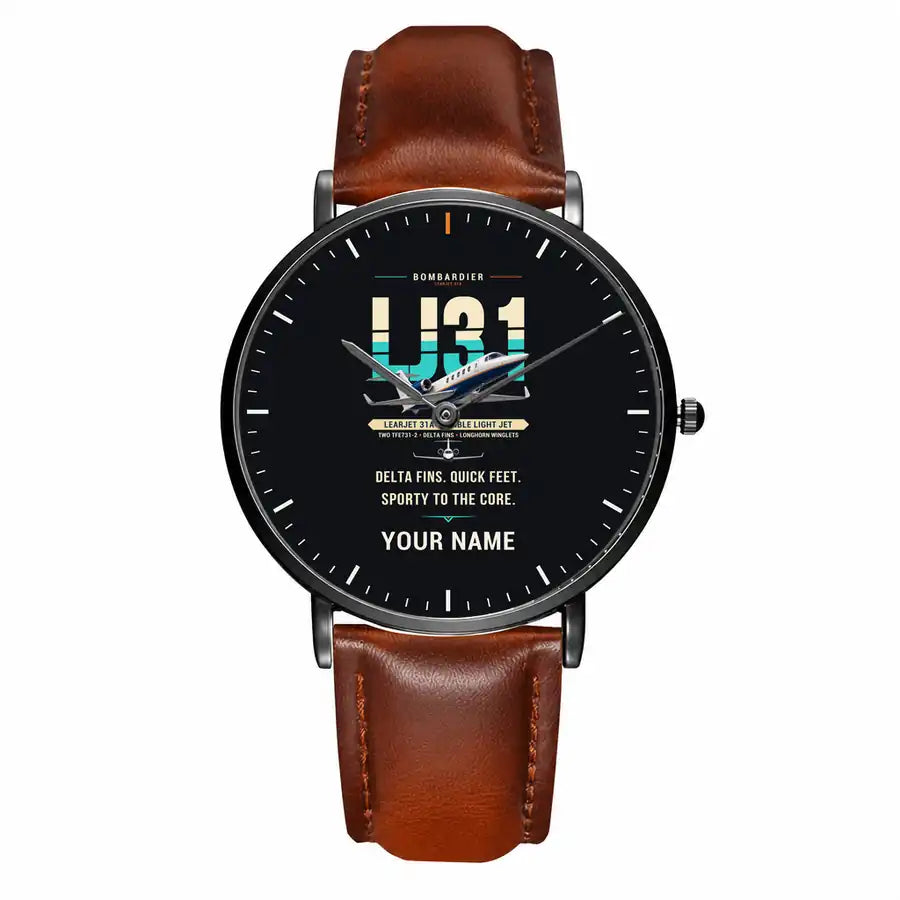 Bombardier Learjet 31A - Original + Name - Slim Leather - Black and Brown Leather Strap