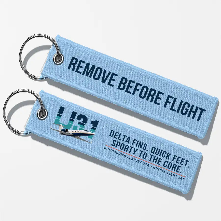 Bombardier Learjet 31A Aviator Key Chains - Light Blue - Original - Remove Before Flight