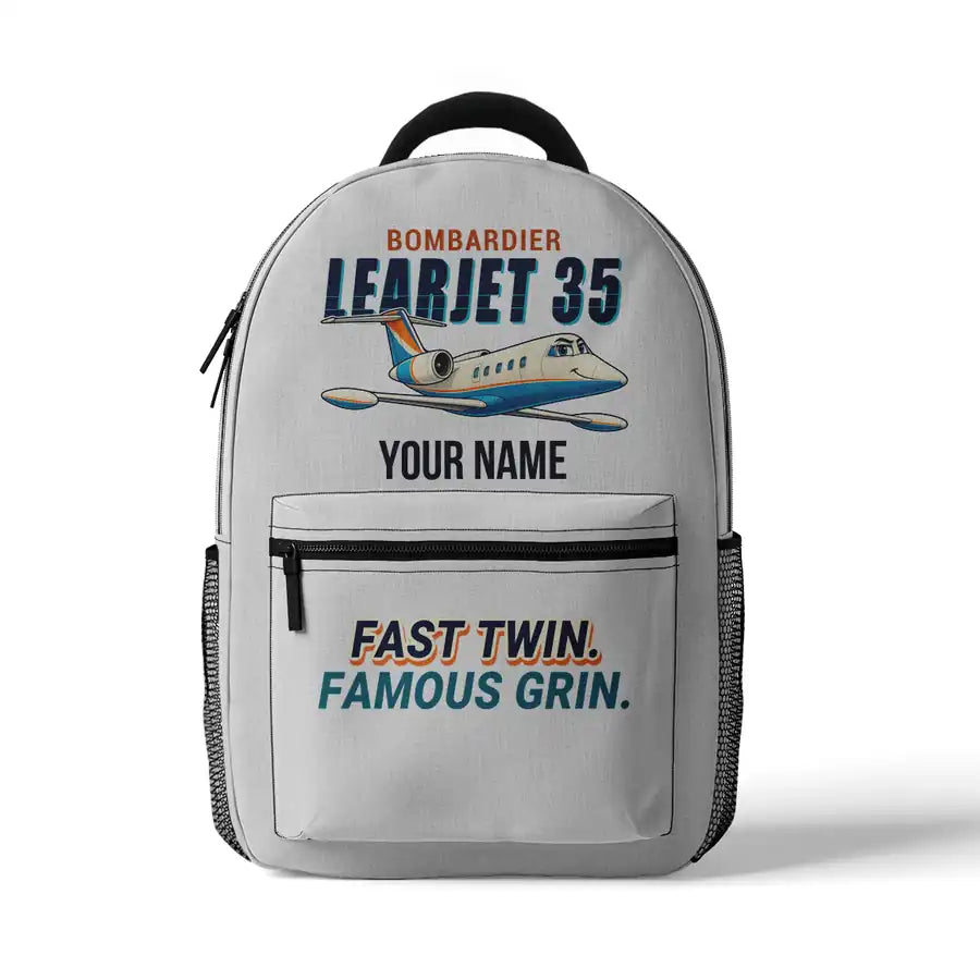 Bombardier Learjet 35A - 3D Backpack - Cartoon + Name - White