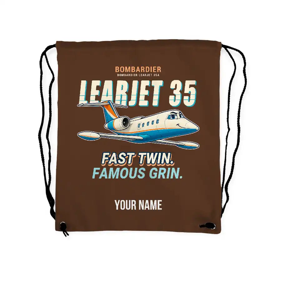 Bombardier Learjet 35A - Drawstring Bag - Cartoon + Name - Brown