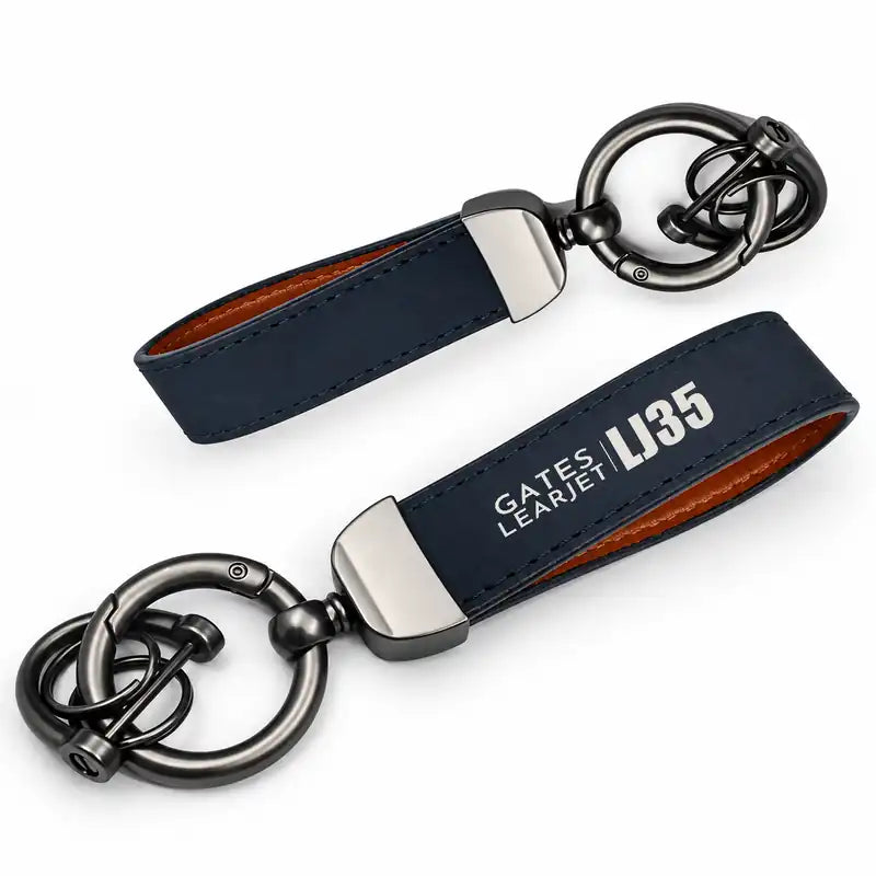 Bombardier Learjet 35A - Leather Key Chain - Horseshoe Buckle - Tag - Navy Blue