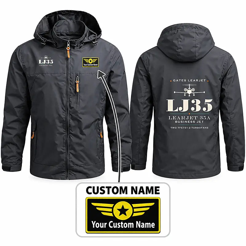 Bombardier Learjet 35A Stylish Jackets - Hooded Windbreaker - Heritage + Name - Charcoal