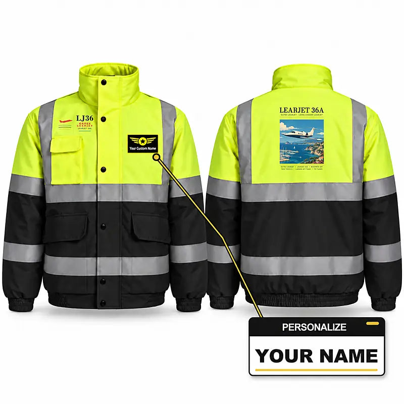 Bombardier Learjet 36A Reflective Winter Jackets - Poster + Name - Fluorescent Yellow & Navy
