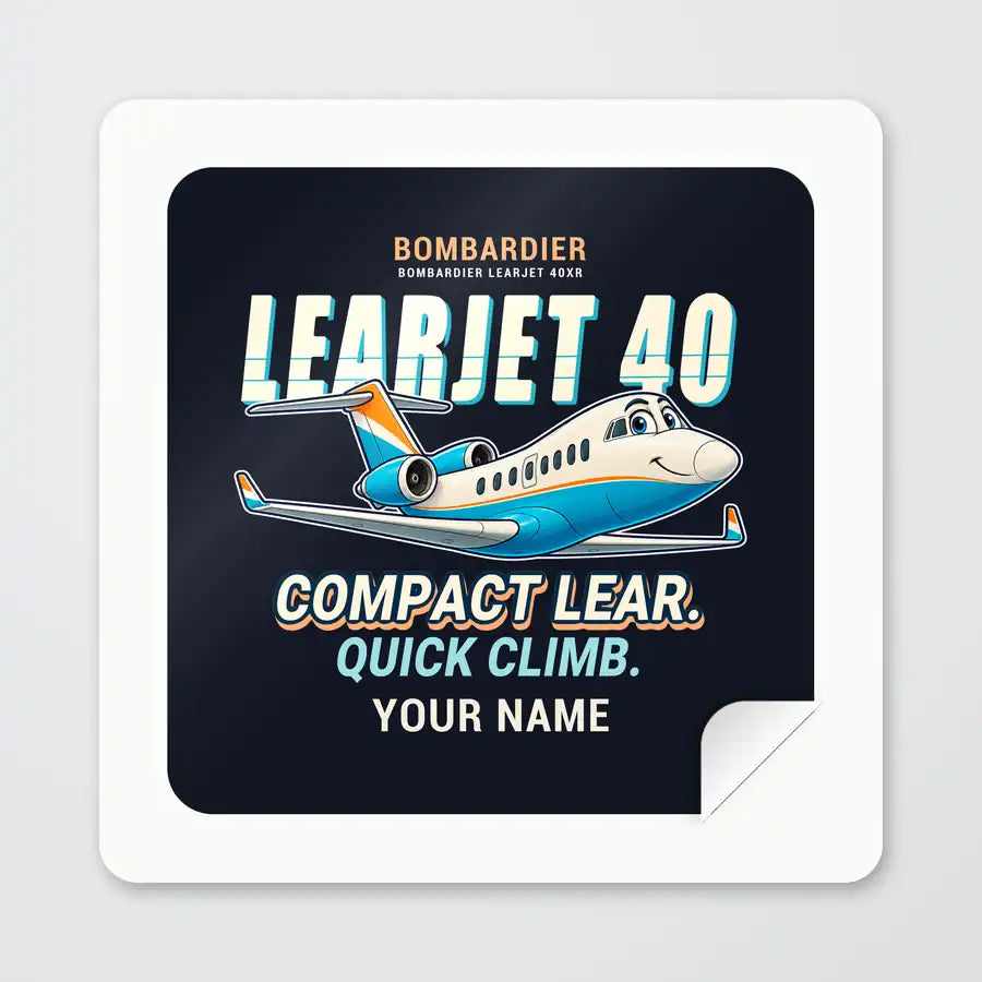 Bombardier Learjet 40XR - Cartoon + Name - Square Sticker - Peel