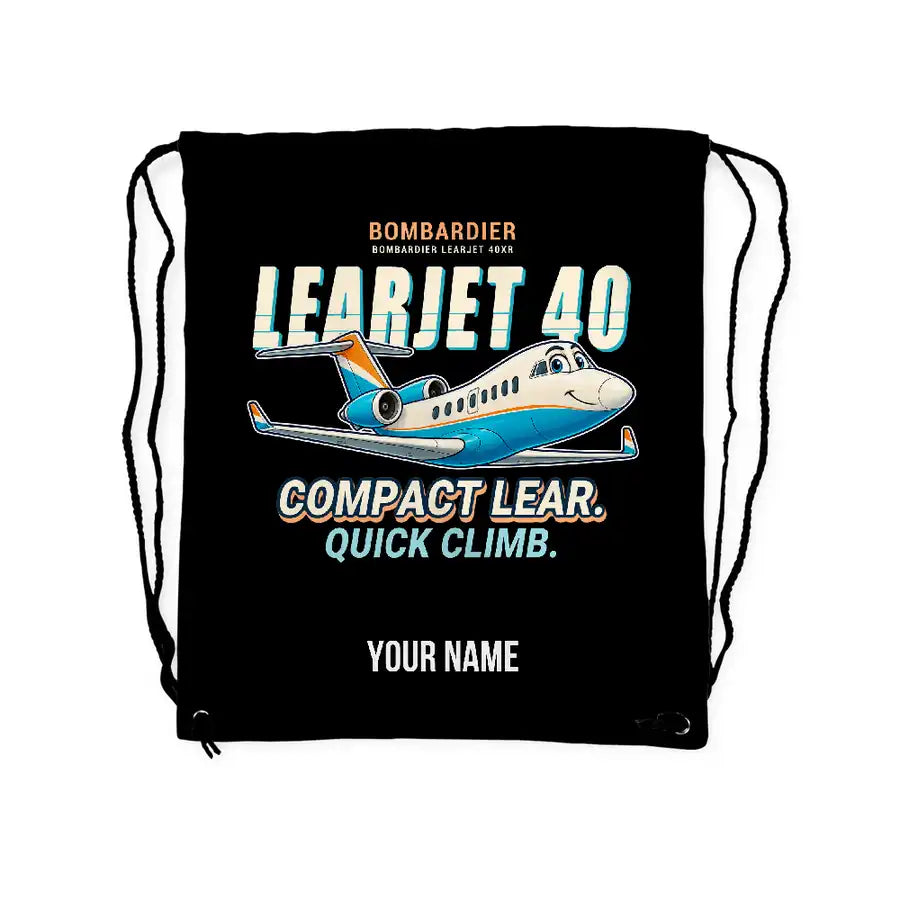 Bombardier Learjet 40XR - Drawstring Bag - Cartoon + Name - Black
