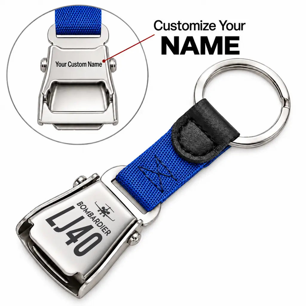 Bombardier Learjet 40XR - Seat Belt Key Chain - Heritage + Name - Blue
