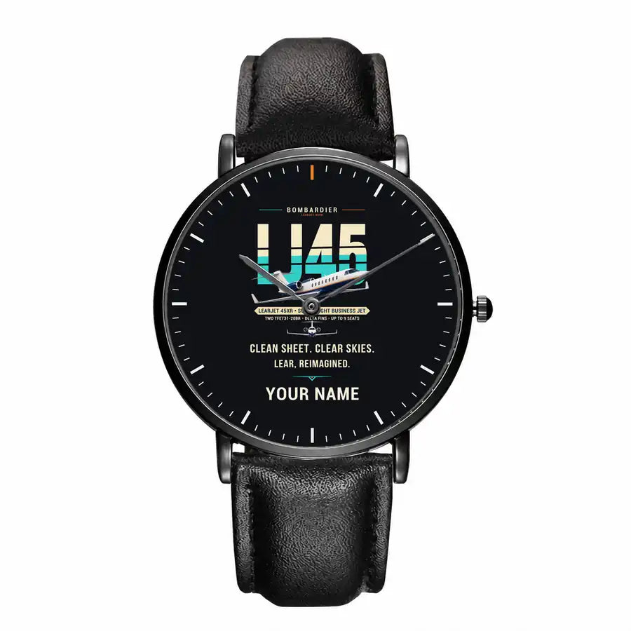 Bombardier Learjet 45XR - Original + Name - Slim Leather - Black and Black Leather Strap