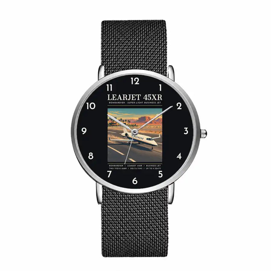 Bombardier Learjet 45XR - Poster - Slim Mesh - Silver and Black Stainless Steel Strap