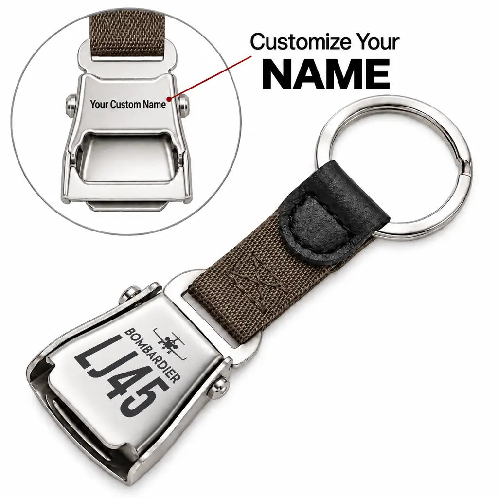 Bombardier Learjet 45XR - Seat Belt Key Chain - Heritage + Name - Brown