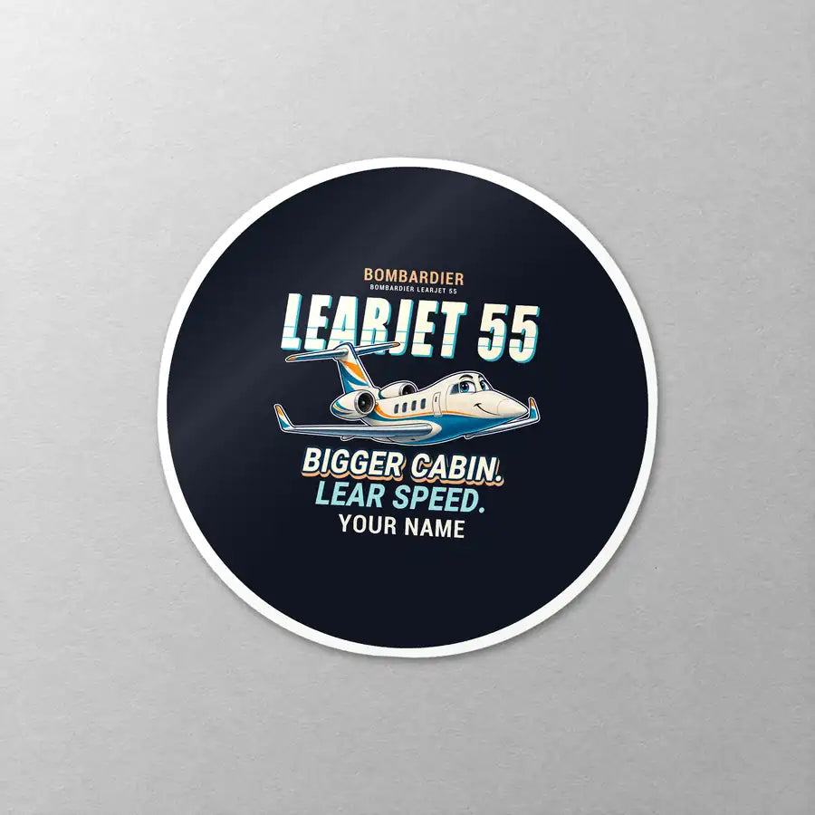 Bombardier Learjet 55 - Cartoon + Name - Circle Sticker - Close-up