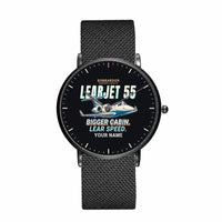Thumbnail for Bombardier Learjet 55 - Cartoon + Name - Slim Mesh - Black and Stainless Steel Strap