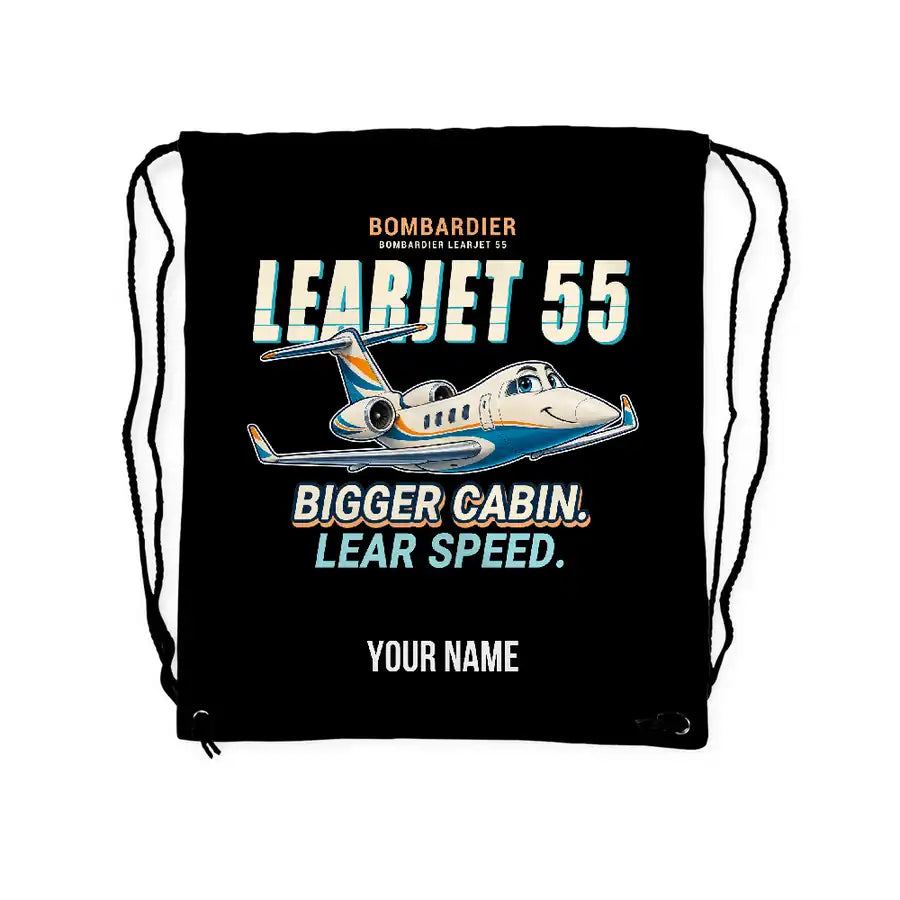 Bombardier Learjet 55 - Drawstring Bag - Cartoon + Name - Black
