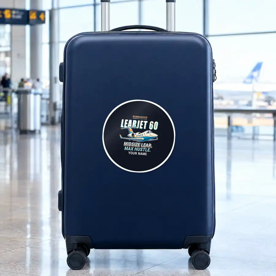 Bombardier Learjet 60XR - Cartoon + Name - Circle Sticker - Suitcase