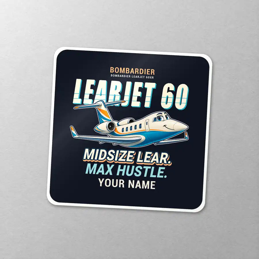 Bombardier Learjet 60XR - Cartoon + Name - Square Sticker - Close-up