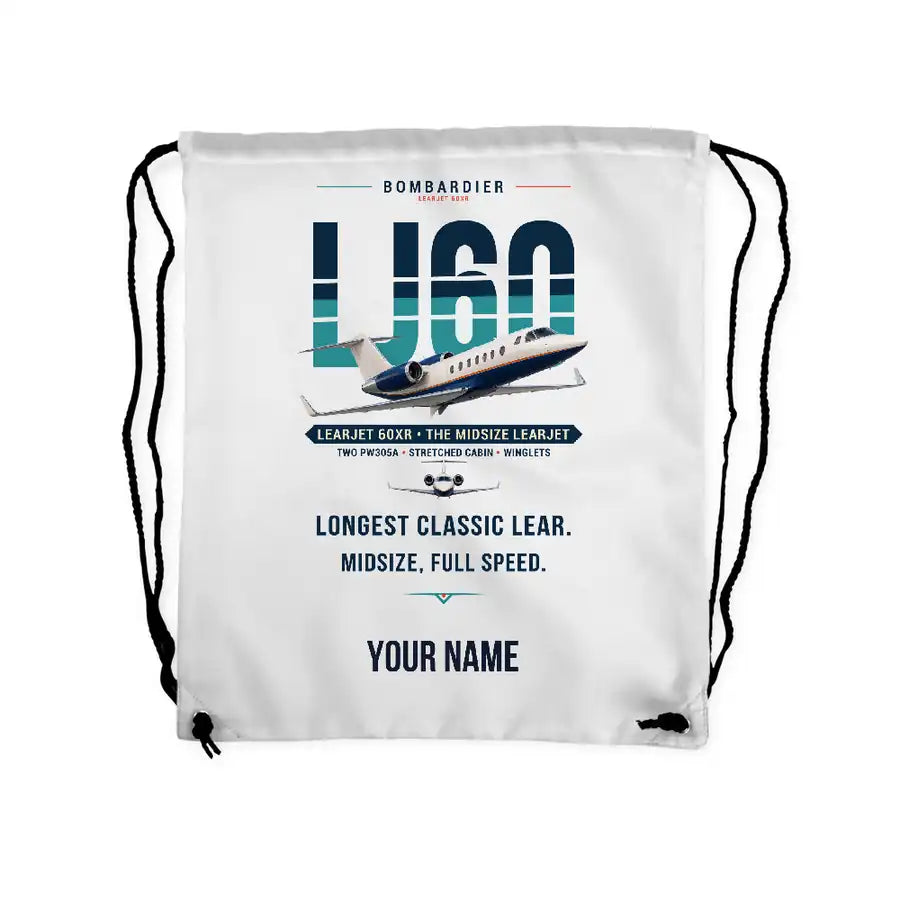 Bombardier Learjet 60XR - Drawstring Bag - Original + Name - White