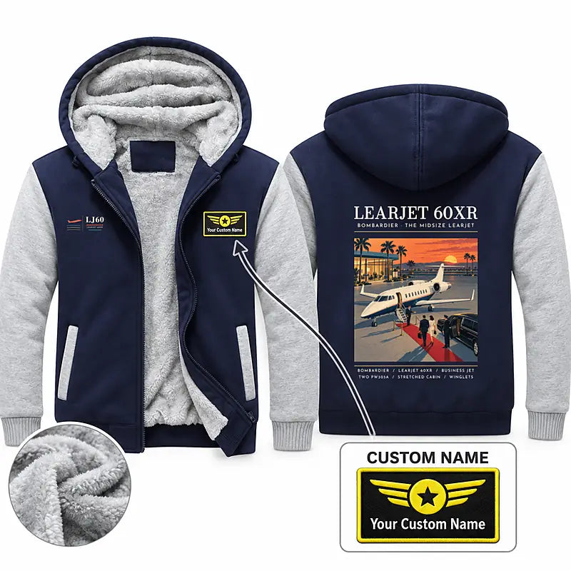 Bombardier Learjet 60XR Zipped Sweatshirts - Poster + Name - Navy & Gray
