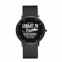 Thumbnail for Bombardier Learjet 70 - Cartoon + Name - Slim Mesh - Black and Stainless Steel Strap