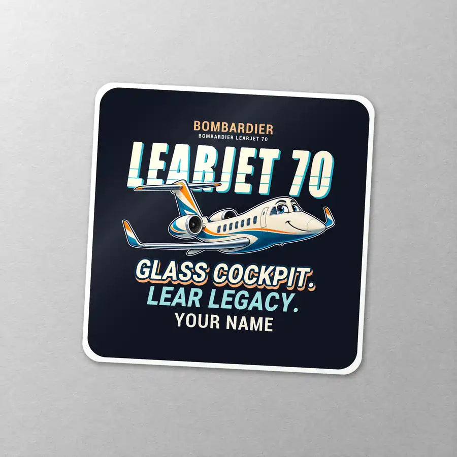 Bombardier Learjet 70 - Cartoon + Name - Square Sticker - Close-up