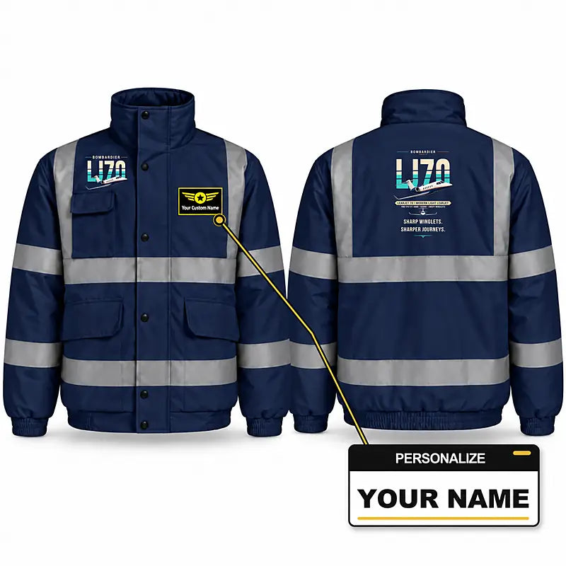 Bombardier Learjet 70 Reflective Winter Jackets - Original + Name - Navy Blue