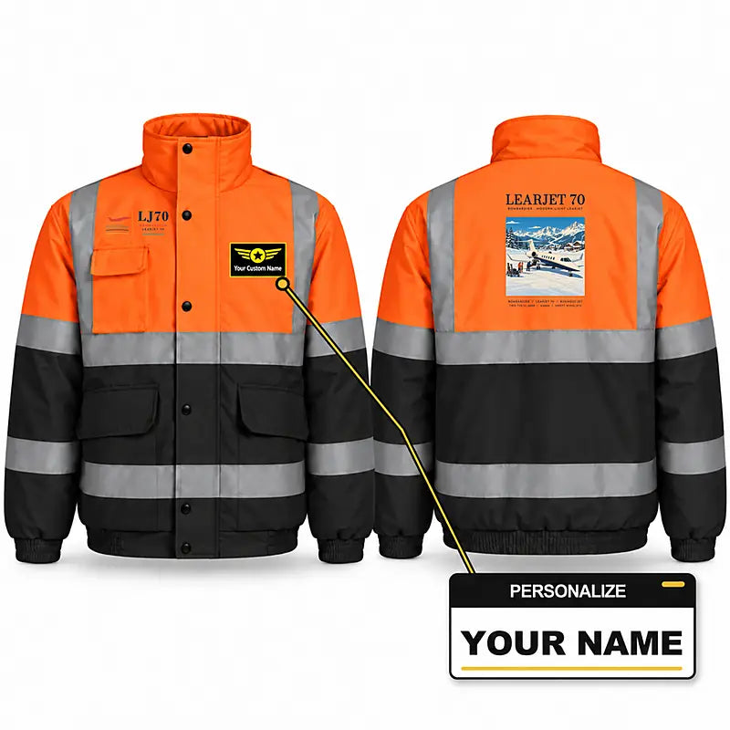 Bombardier Learjet 70 Reflective Winter Jackets - Poster + Name - Orange & Navy