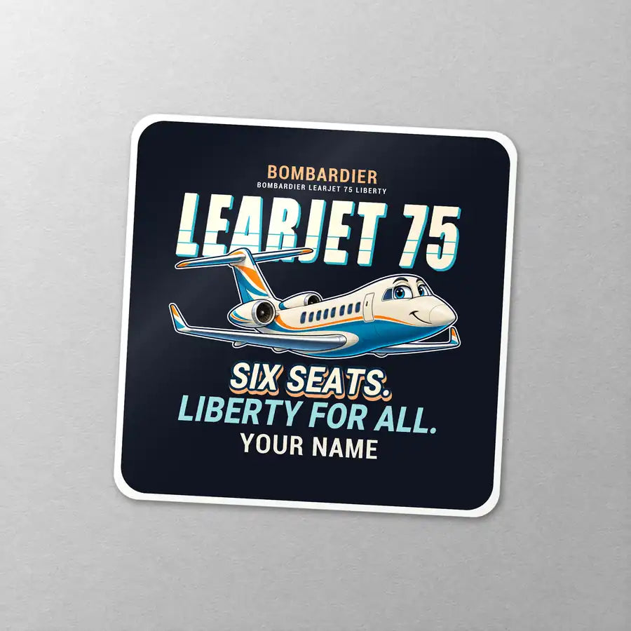 Bombardier Learjet 75 Liberty - Cartoon + Name - Square Sticker - Close-up