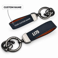 Thumbnail for Bombardier Learjet 75 Liberty - Leather Key Chain - Horseshoe Buckle - Tag - Navy Blue + Name
