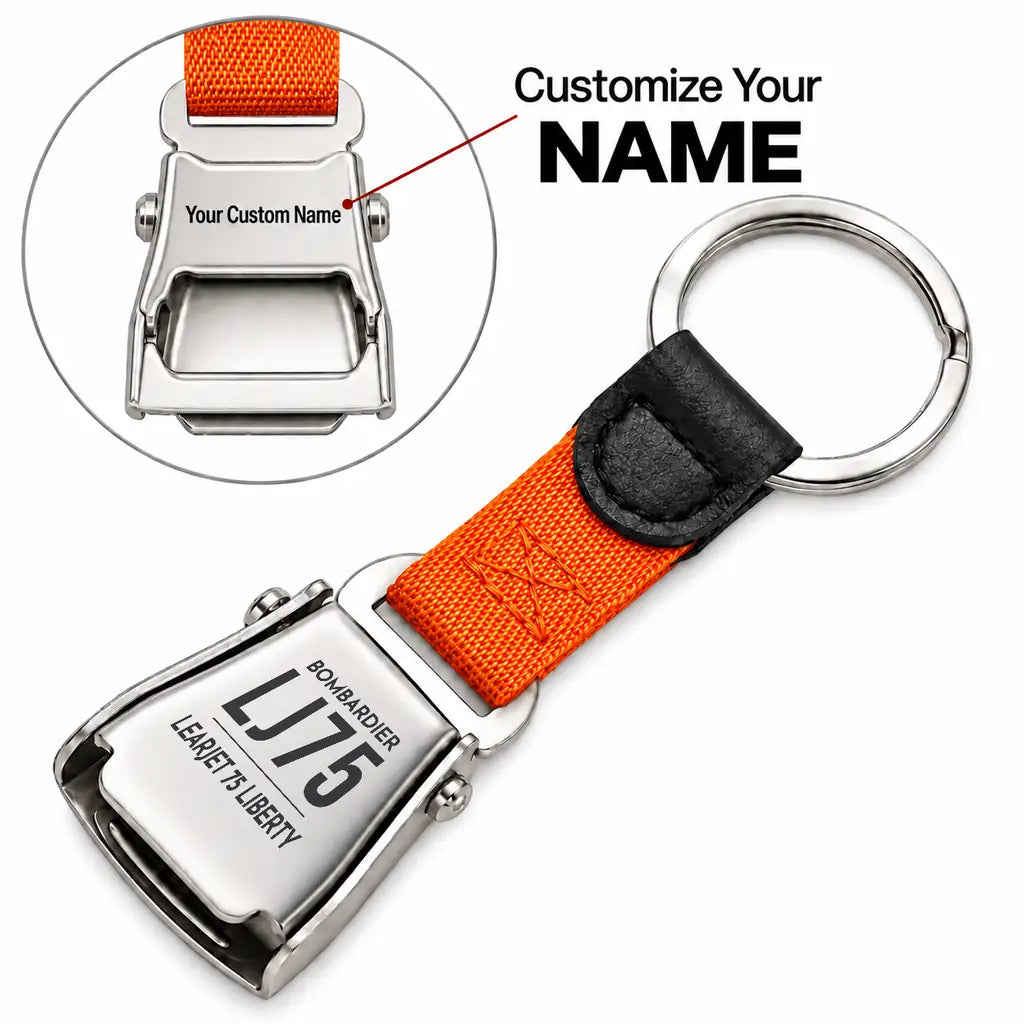 Bombardier Learjet 75 Liberty - Seat Belt Key Chain - Tag + Name - Orange