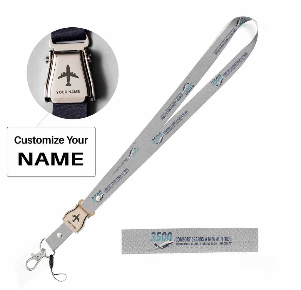 Bombardier Challenger 3500 seat belt lanyard - light gray with name