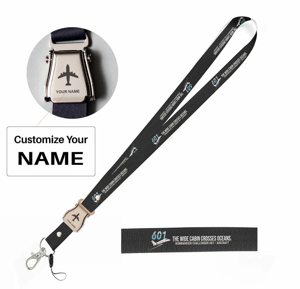Bombardier Challenger 601 seat belt lanyard - black with name