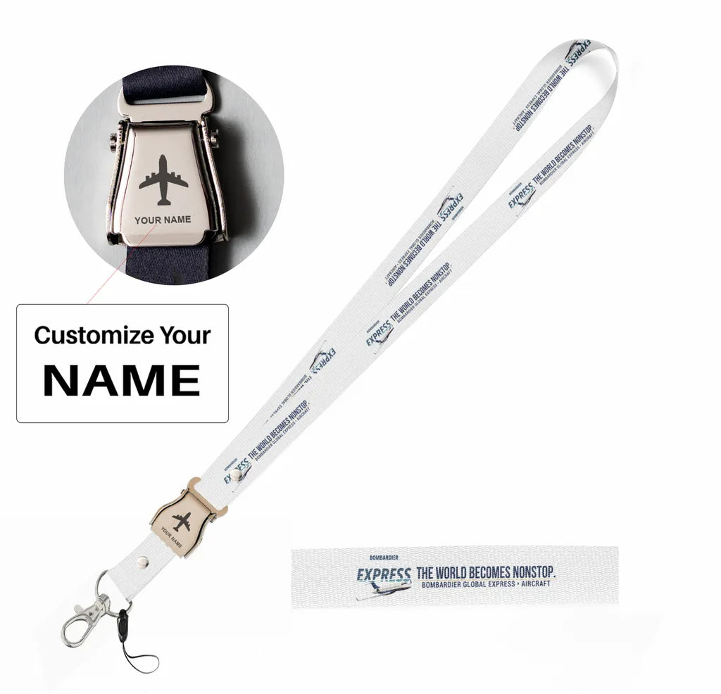 Bombardier Global Express seat belt lanyard - white with name