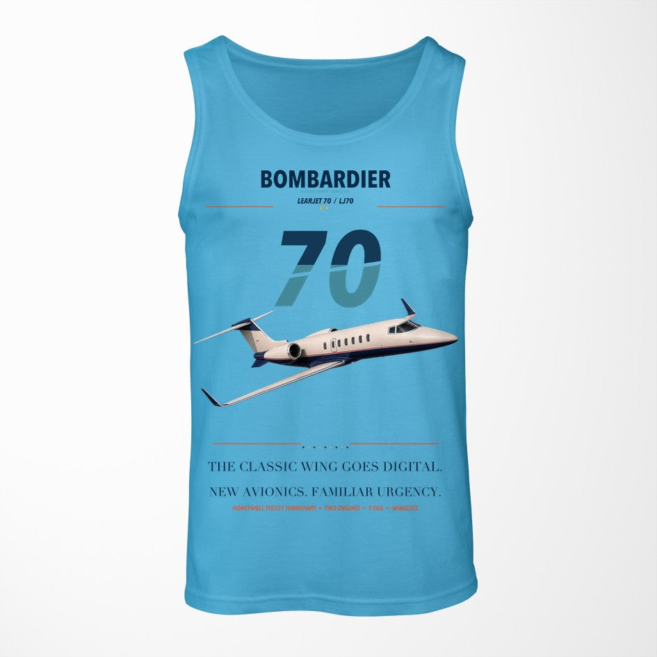 Bombardier Learjet 70 design on sky blue tank top