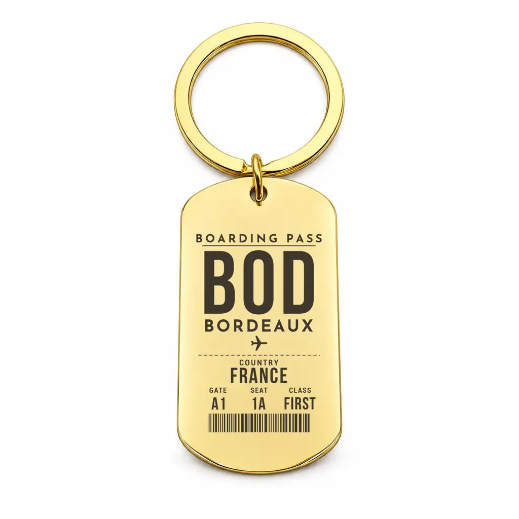 Bordeaux Airport BOD - Key Chain - Boarding Pass Style - Gold