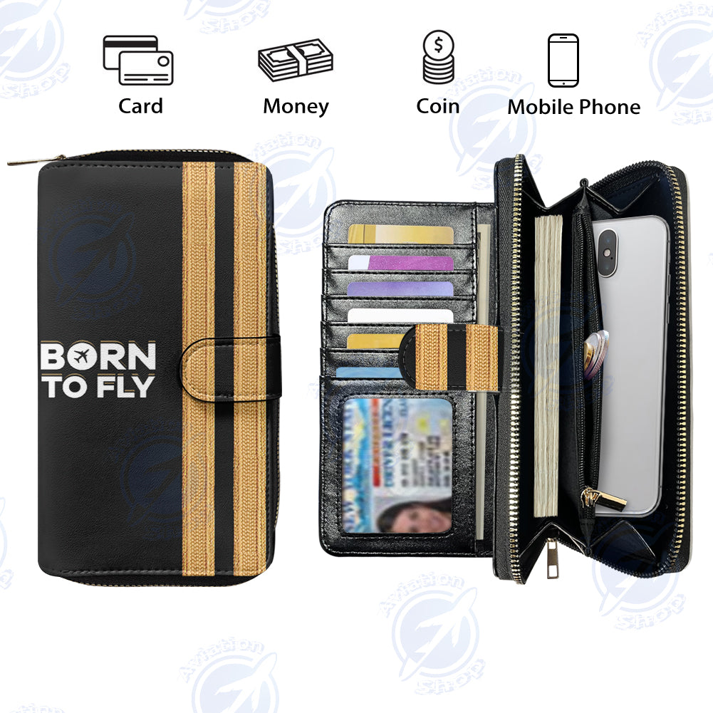 Born To Fly & Pilot Epaulettes (2 Lines) Designed Leather Long Zipper Wallets