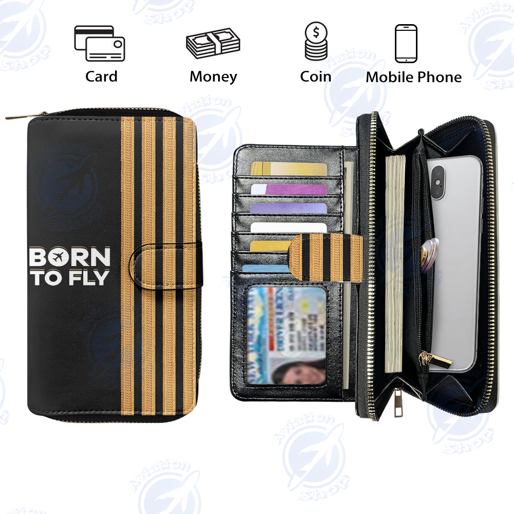 Born To Fly & Pilot Epaulettes (4 Lines) Designed Leather Long Zipper Wallets