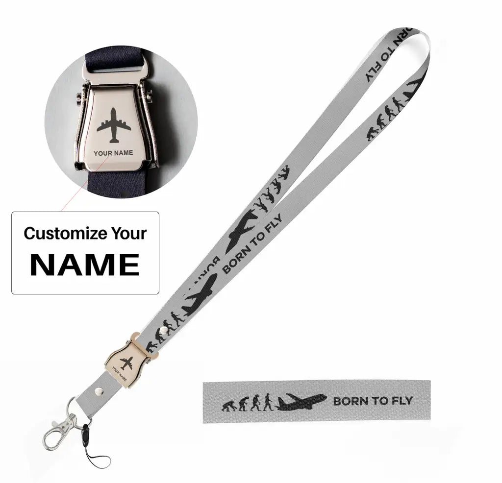 Born To Fly seat belt lanyard - light gray with name