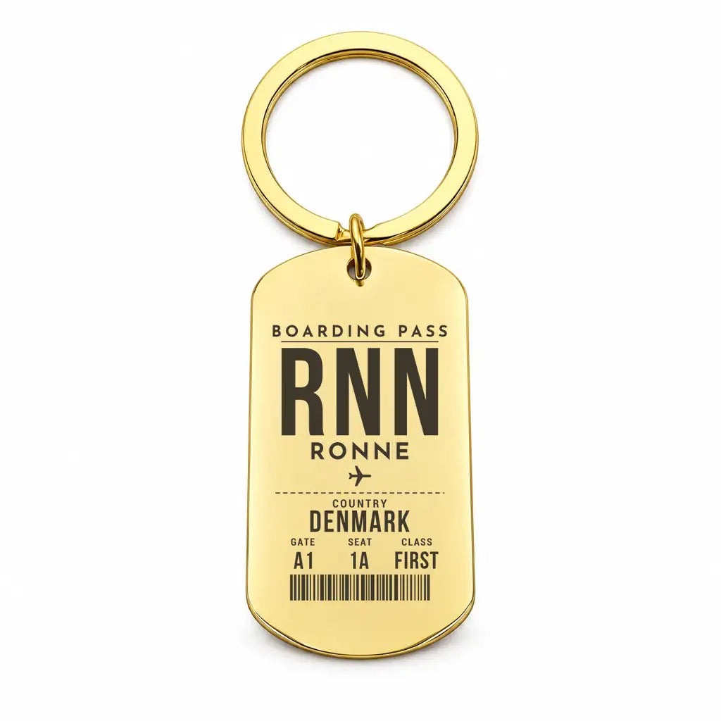 Bornholm Airport RNN — Ronne - Key Chain - Boarding Pass Style - Gold