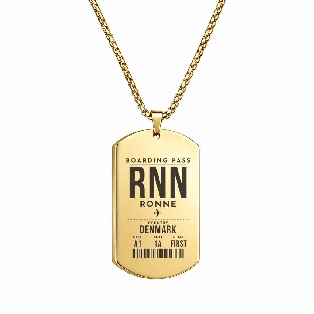 Bornholm Airport RNN — Ronne - Necklace - Boarding Pass Style - Gold