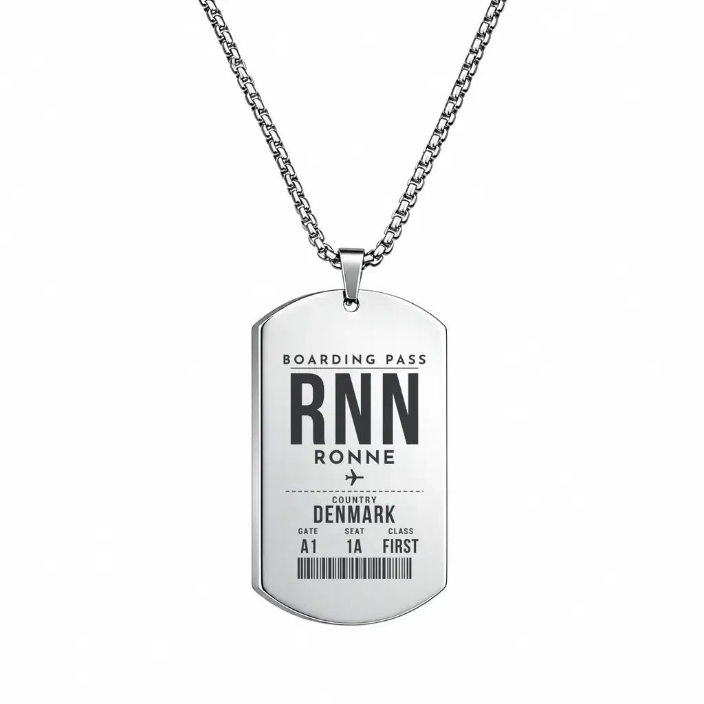 Bornholm Airport RNN — Ronne - Necklace - Boarding Pass Style - Silver