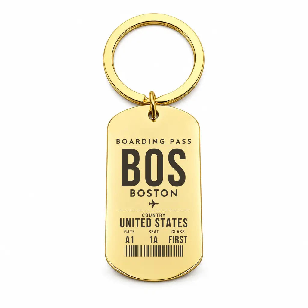 Boston Logan International Airport BOS - Key Chain - Boarding Pass Style - Gold