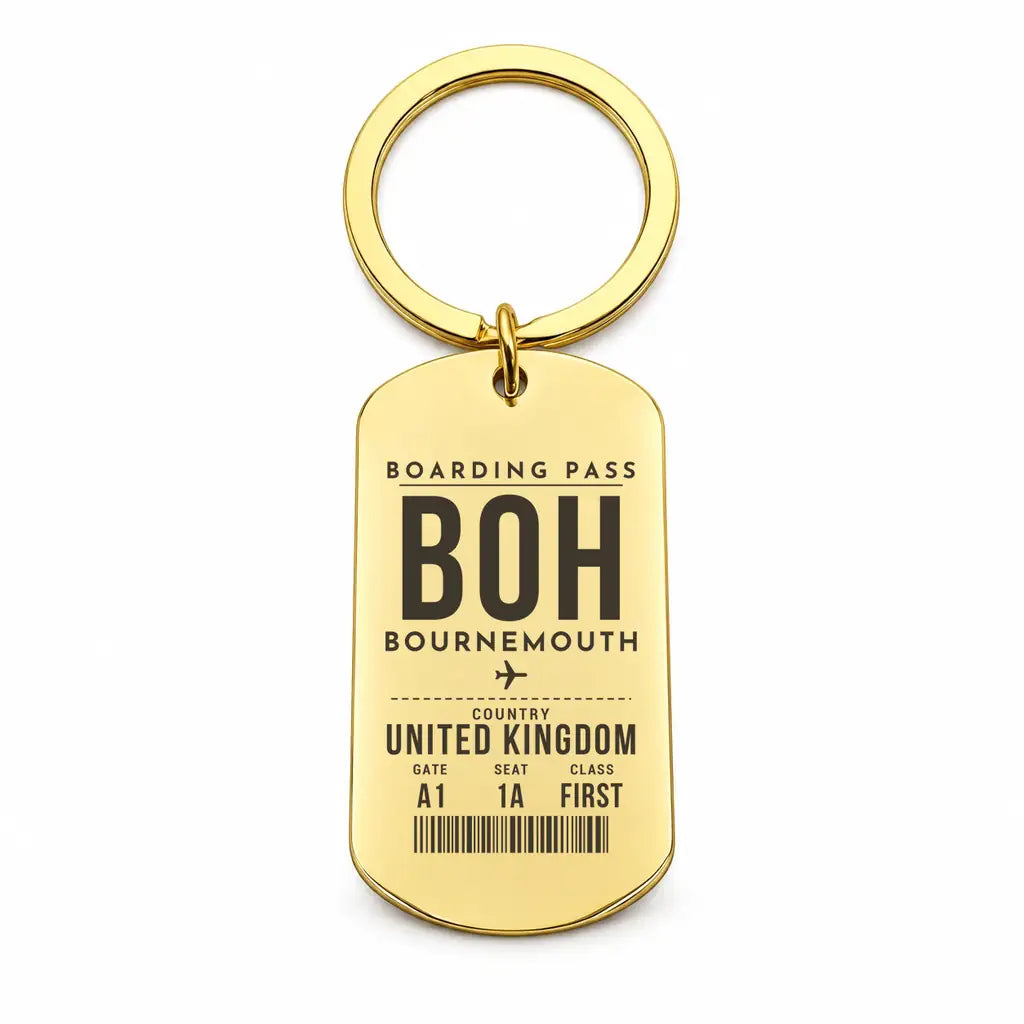 Bournemouth Airport BOH - Key Chain - Boarding Pass Style - Gold
